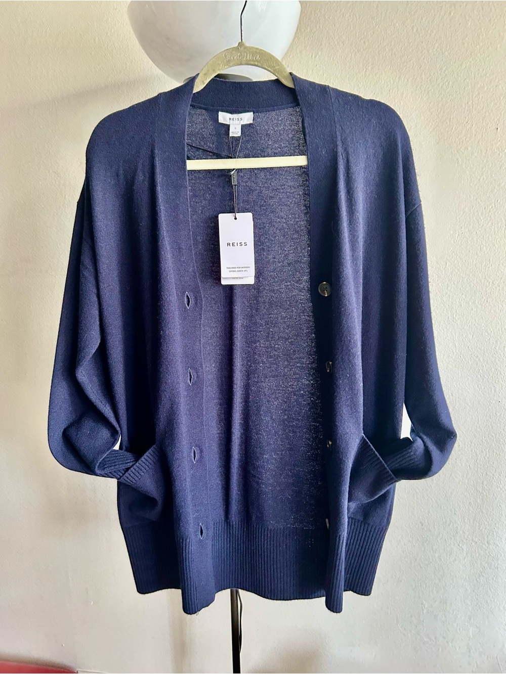 Reiss Navy Button-Front Longline Cardigan